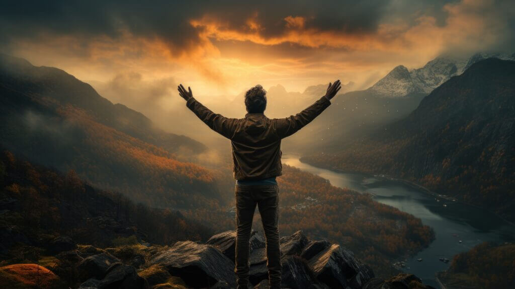 Man standing on top of the mountain and looking at the lake. alt=""