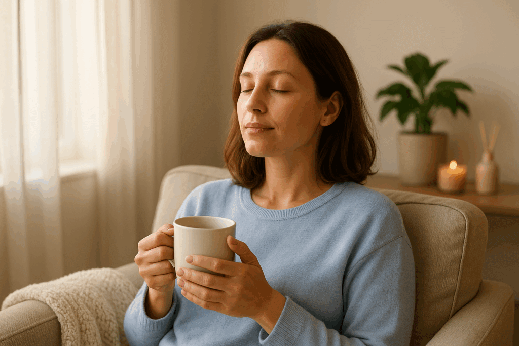 Egy nő reggeli teával, meditációja, meghitt környezetben, világoskék pulóverben, fotel, gyertya, illatosító, napfényben Egy nő reggeli teával, meditációja, meghitt környezetben,