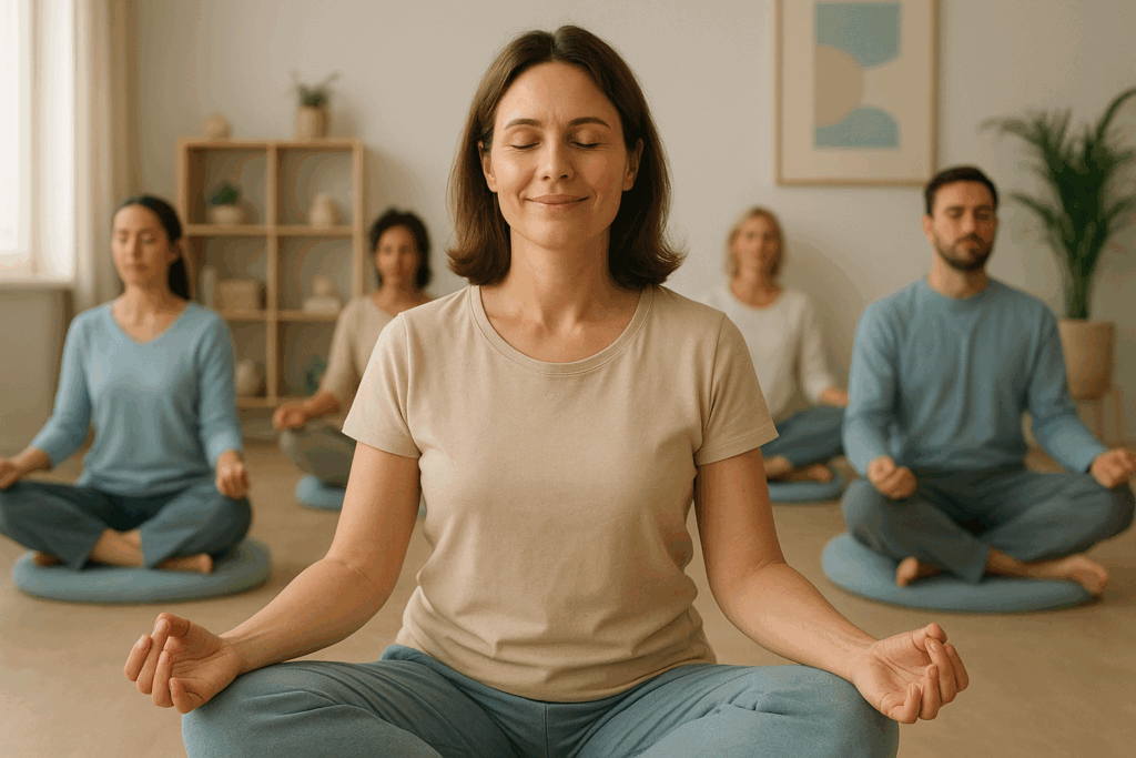 Teremben, meditációs csoport, nők ülnek, koncentrálnak, egy nő mosolyog, ülőpárnán, kényelmes keresztezettlábbal - Szombathely Gombos Önfejlesztő és Meditációs Központ Meditációs csoport nők ülnek és koncentrálnak, egy nő mosolyog,