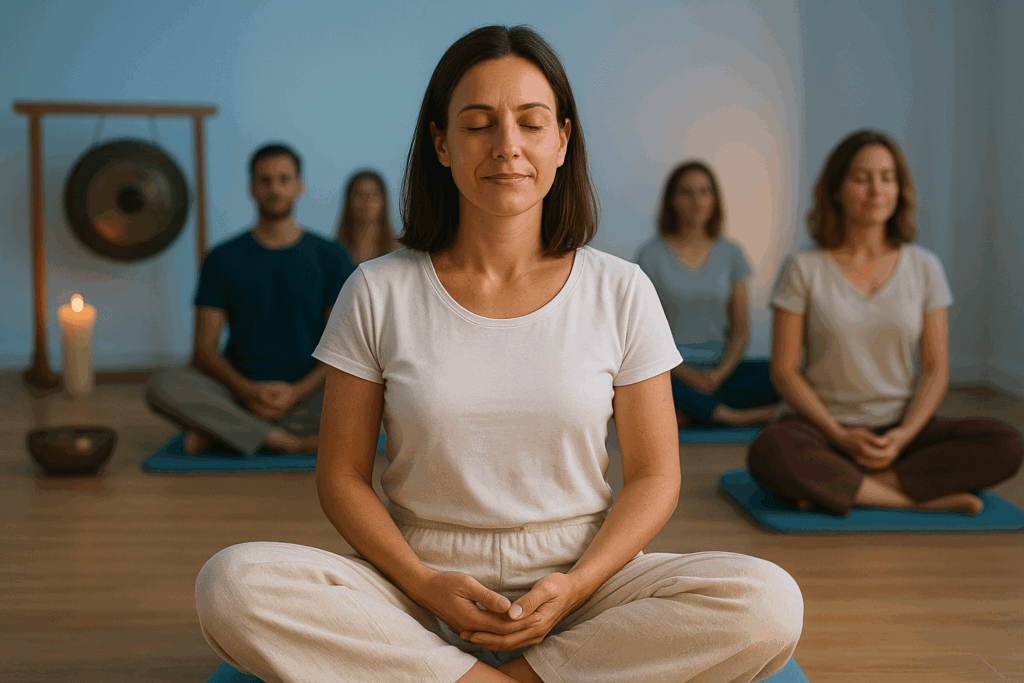 Meditáló csoport, koncentráció, derűs, békés mosoly, meditációs ülésben, mudra tartásban Meditációs csoport Gombos Önfejlesztő és meditációs Központban Szombathely
